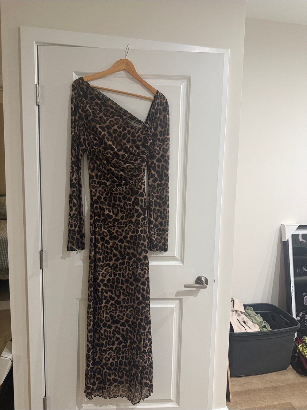 SHEIN Leopard Print One-Shoulder Long Sleeve Maxi Dress - Brown/Black